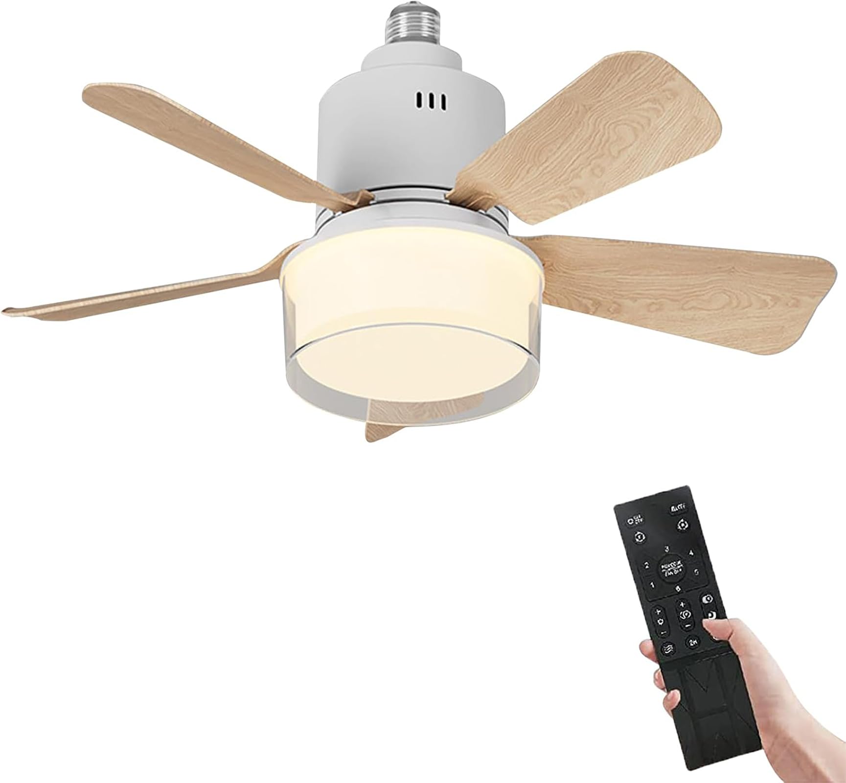 E27 Ceiling Fan Light with Remote Control, 24W LED, 4 Speeds & 3 Colour Modes (3000K–6500K), 2400LM Dimmable, Quiet Motor, Easy Install – for Bedroom, Kitchen, Garage (Wood (Without Connecting Rod))