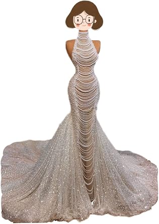 Acecare GREOENEL Amor Luxurious Sparkle Sequined Bridal Gowns Pearls Beaded Illusion See Through Wedding Dresses-WD318