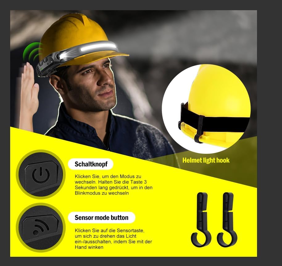 Miniatura 7 de AURUZA 2 linternas de faros delanteros, faros LED recargables, 2 faros COB de 230  de ancho con sensor de movimiento, brillante, 5 modos, lámpara de