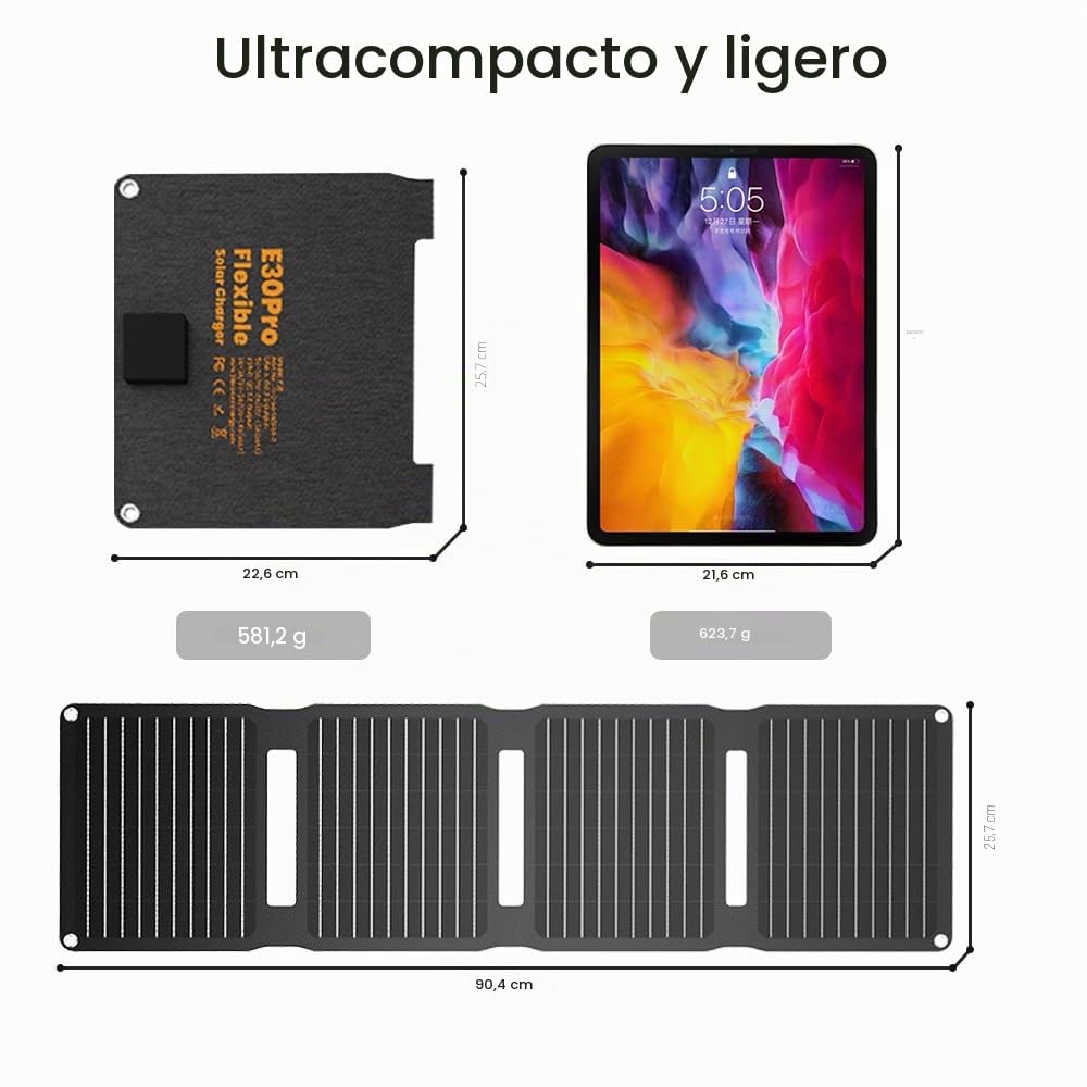 FlexSolar Panel solar plegable portátil de 30 W QC3.0 18 W USB-A USB-C Impermeable IP67 Carga rápida para móviles, tabletas, powerbank, cámara, linterna de camping y senderismo