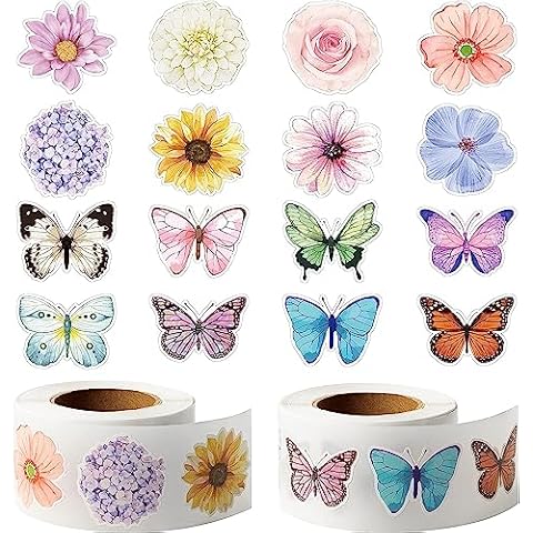 W1cwey 1000pcs Assorted Butterfly Flower Sticker Rolls(2 Rolls), 1.5 * 1 Inch 16 Design Colorful Butterfly Decals Decorative Flowers Cute Stickers Party Favor Decoration for Kids Luggage Scrapbook Cover