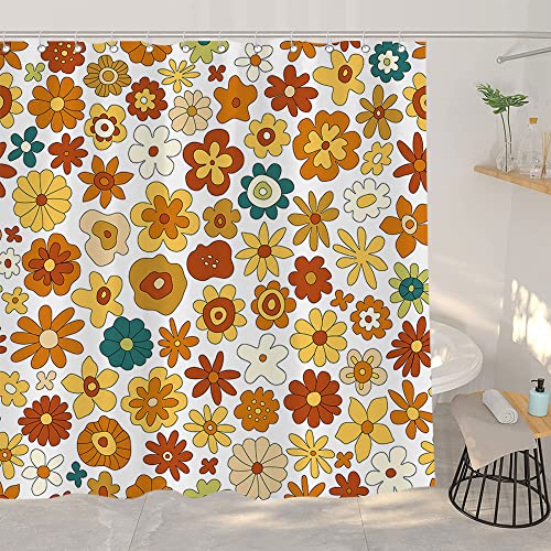Retro Boho Floral Shower Curtain Set, Funky Vintage 70S 60S Flowers Shower Curtains Bathroom Include Hooks 72" Wx72 H,Trippy Geometric Hippie Abstract Fabric Farmhouse Shower Curtain Yellow Orange #TOP1