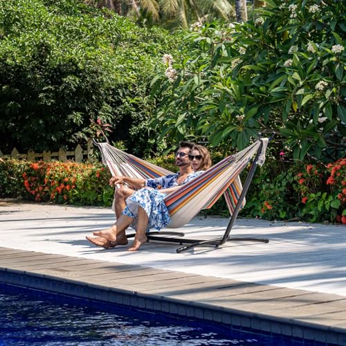 Lazy Daze Hammocks Double Hammock with 9ft Space-Saving Steel Stand Includes Portable Carrying Case, 450 Pounds Capacity (Tan Stripe) - Thumbnail 2