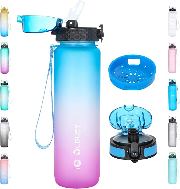 OLDLEY 1L Water Bottle with Straw 2 Lids Large Leakproof Sports Water Bottles 1000ml Waterbottle with Filter Times Markings BPA Free Tritan Plastic Drink Bottles for Kids Adults Cycling Running