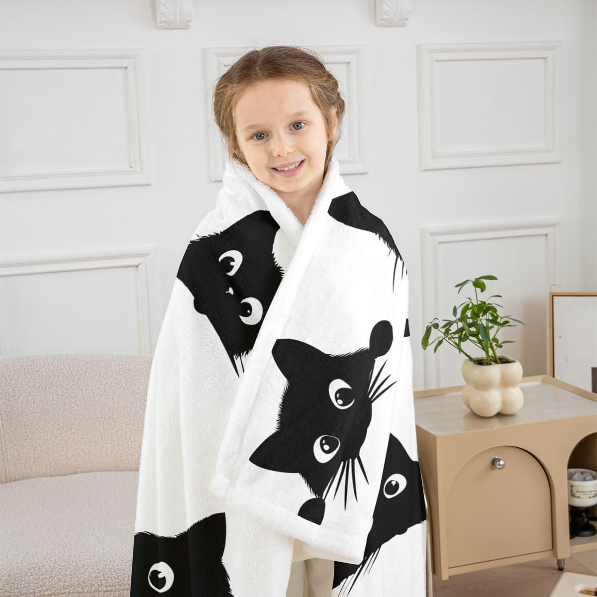 Erosebridal Cute Cat Fleece Blanket Queen 90x90 for Kids Boys Girls (Black and White) - Funny Black Cats Sherpa Blanket Cartoon Kitten Animal Fuzzy Plush Throw Cute Cat Decor