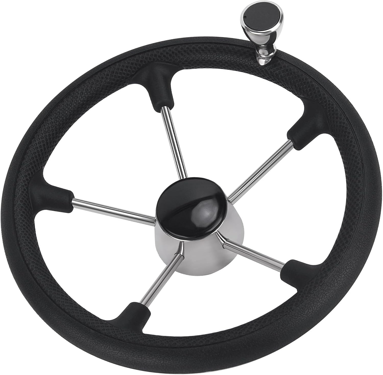 Stainless Steel Steering Wheel with Black PU Foam and Safety Grip, 5 Spoke Steering wheel with Turning Knob and Anti-Slip Destroyer Style for Yachts, Bass and Pontoon Boats (Style B-9103SBF1N)