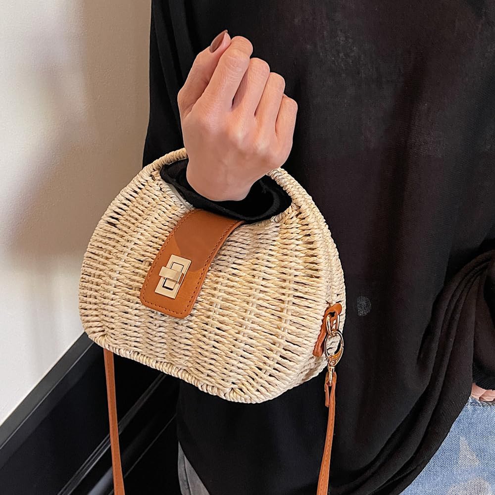 Small Top Handle Beach Handbag for Women Rattan Woven Purse Crossbody Shoulder Boho Bag Satchel for Summer Vacation