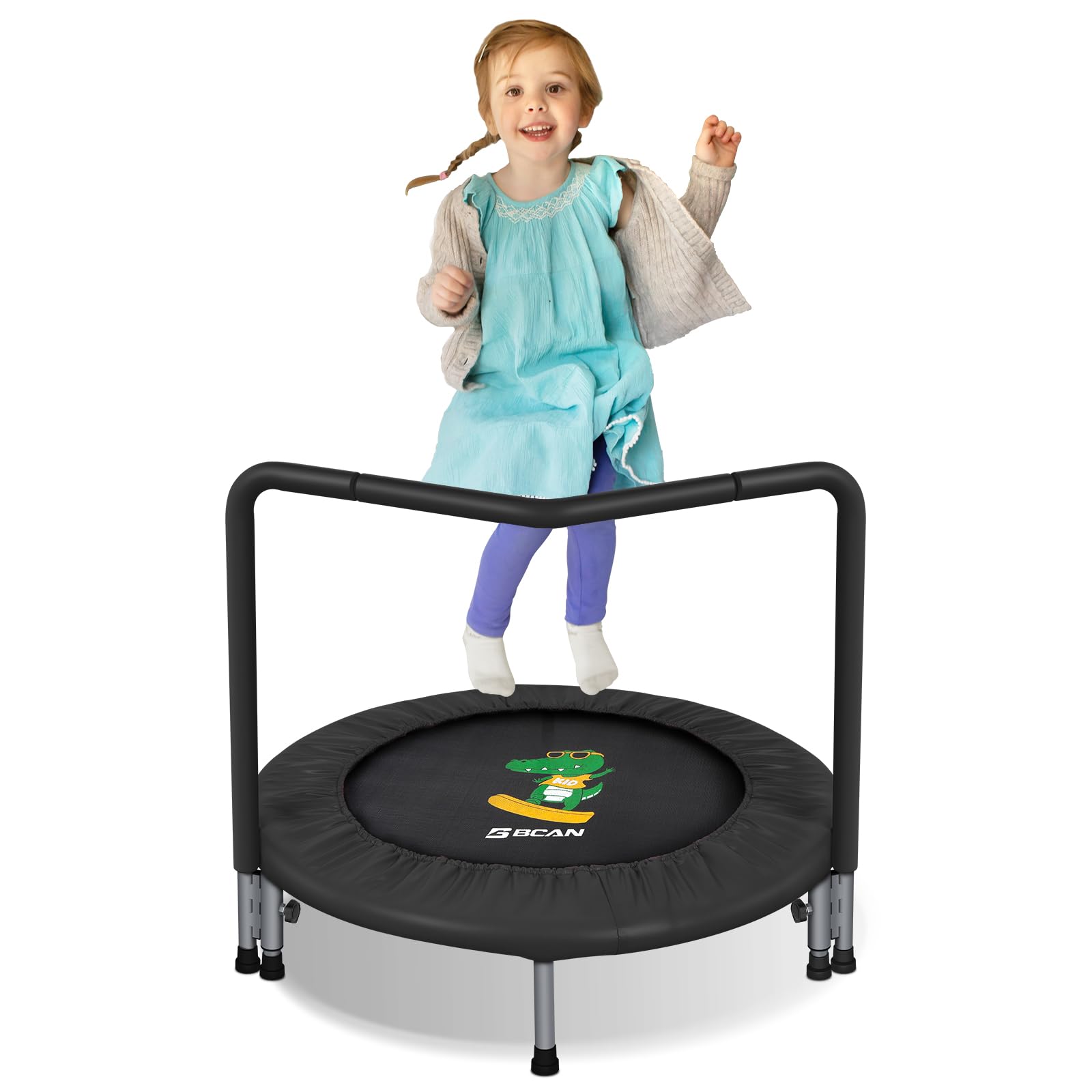 BCAN 36'' Mini Folding Ages 2 to 5 Toddler Trampoline with Handle for Kids, Two Ways to Assemble The Handle, Indoor/Garden Toddlers Trampoline with Super Safe Cover for Toddler Black