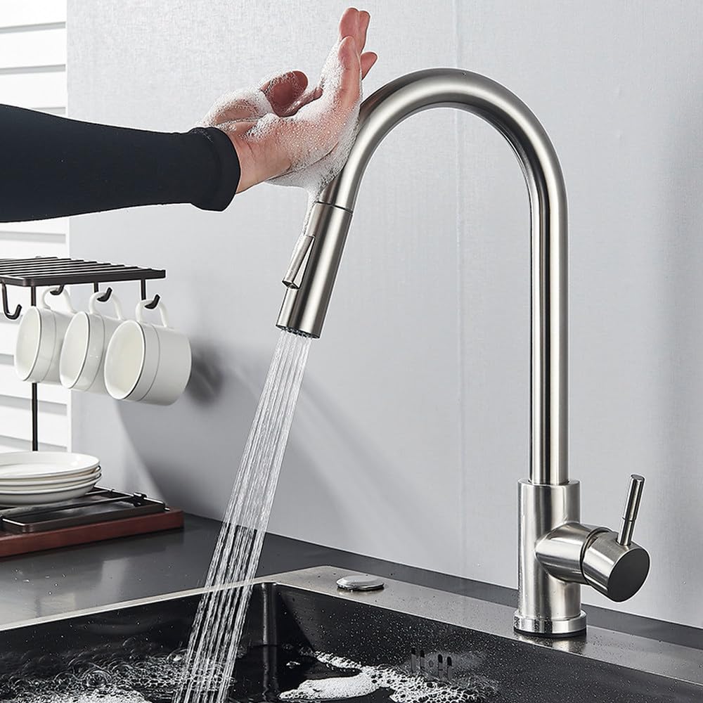 FCXWEVR Matte Black Touch Sensor Kitchen Faucet with Double Water Mode Pull Out Smart Sensor Mixer Tap Rotate Hot Cold Crane Sensor Nickel