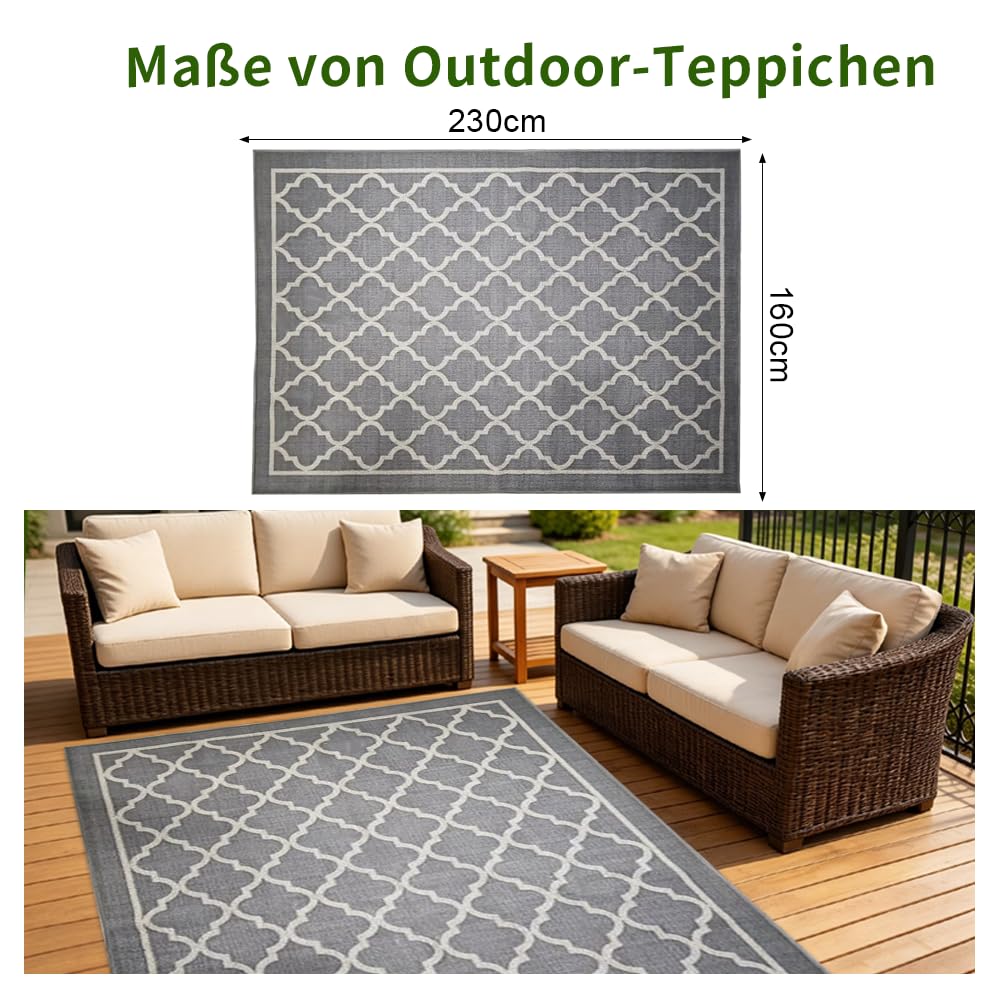 Outdoor Teppich Wetterfest 160x230 cm, Frühling Camping Teppich, Wasserdicht Balkon Terrasse Matte Rug Carpet für Garten Patio RV Picknick, Rug UV-Beständig Waschbar Tragbar, Graue Gitter