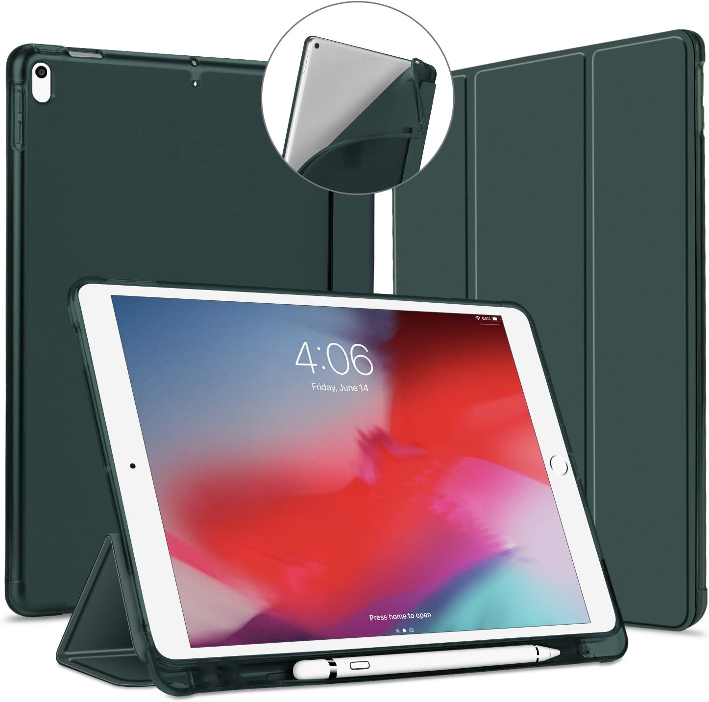 VAGHVEO iPad Air 3 2019 & iPad Pro 10.5 Inch 2017 Case, Premium PU Leather Tri-fold Smart Cases [Auto Wake/Sleep], Flexible Stand Protective Soft TPU Back Cover Shell with Pencil Holder, Dark Green