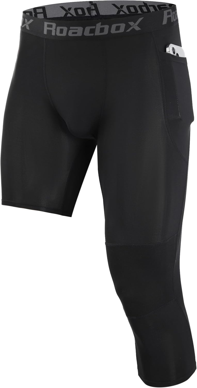 Roadbox Men's One Leg Compression Pants, 3/4 Single Leg Football Basketball Tights, Sports Athletic Leggings with Pockets