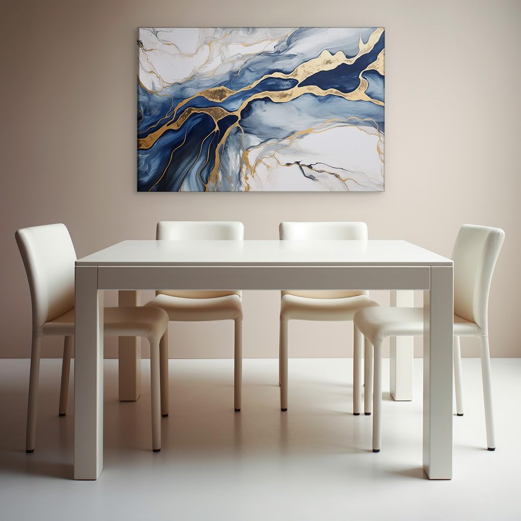 Canvas for Living Room. Flowing Hues of Tranquility: A River's Journey Through Blue and Golden Dreams, 27 x 18 inch Canvas Wall Art - Contemporary Masterpieces - Inspirational Office Decor