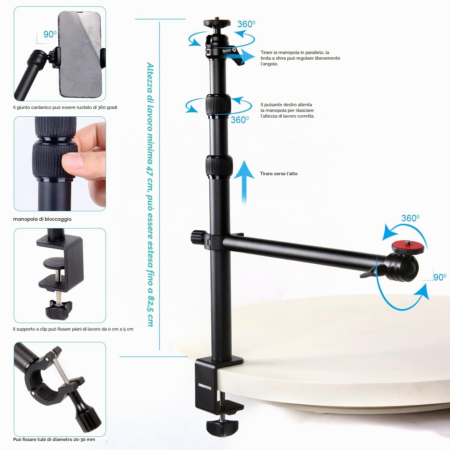 CAMBOFOTO Treppiedi da tavolo Supporto da tavolo multifunzionale con testa a sfera da 1/4", adatto per fotocamere, luci ad anello, microfoni, telefoni cellulari, ecc