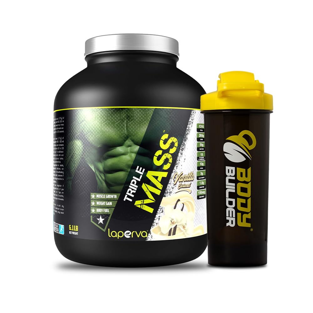 Laperva Triple Mass Gainer Protein Powder, High Calorie Weight Gainer with Glutamine & Added Essential Fatty Acids (6 Lbs, Vanilla Caramel) Vanilla Caramel 6 Lbs