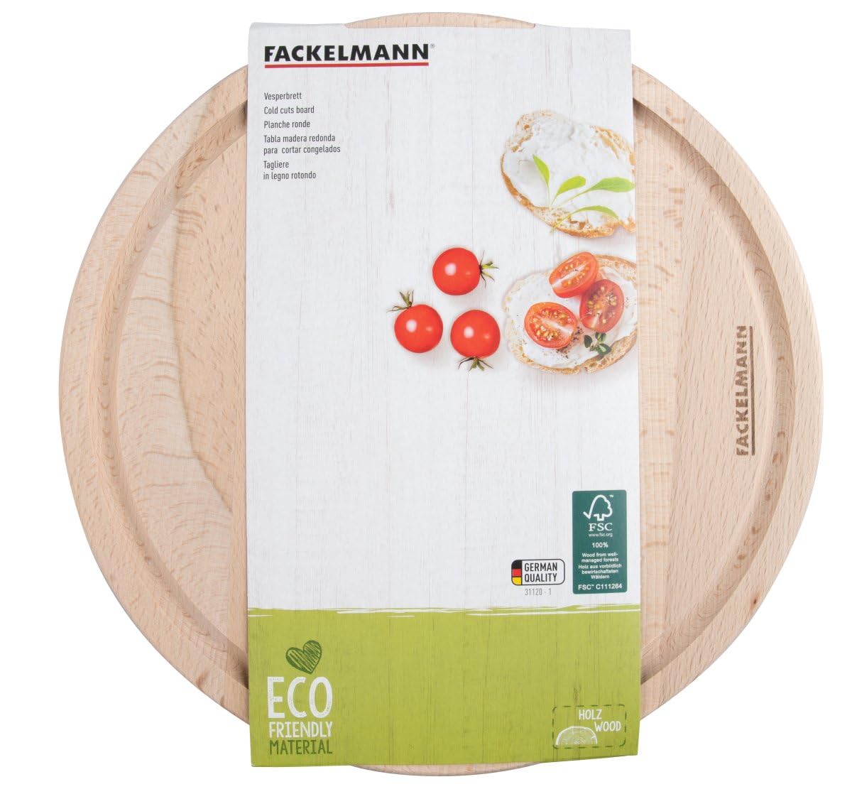 Fackelmann Okrągła Deska do Krojenia Buche Fair, Drewno Bukowe, z Rowkiem na Soki, 240 x 240 x 11 mm