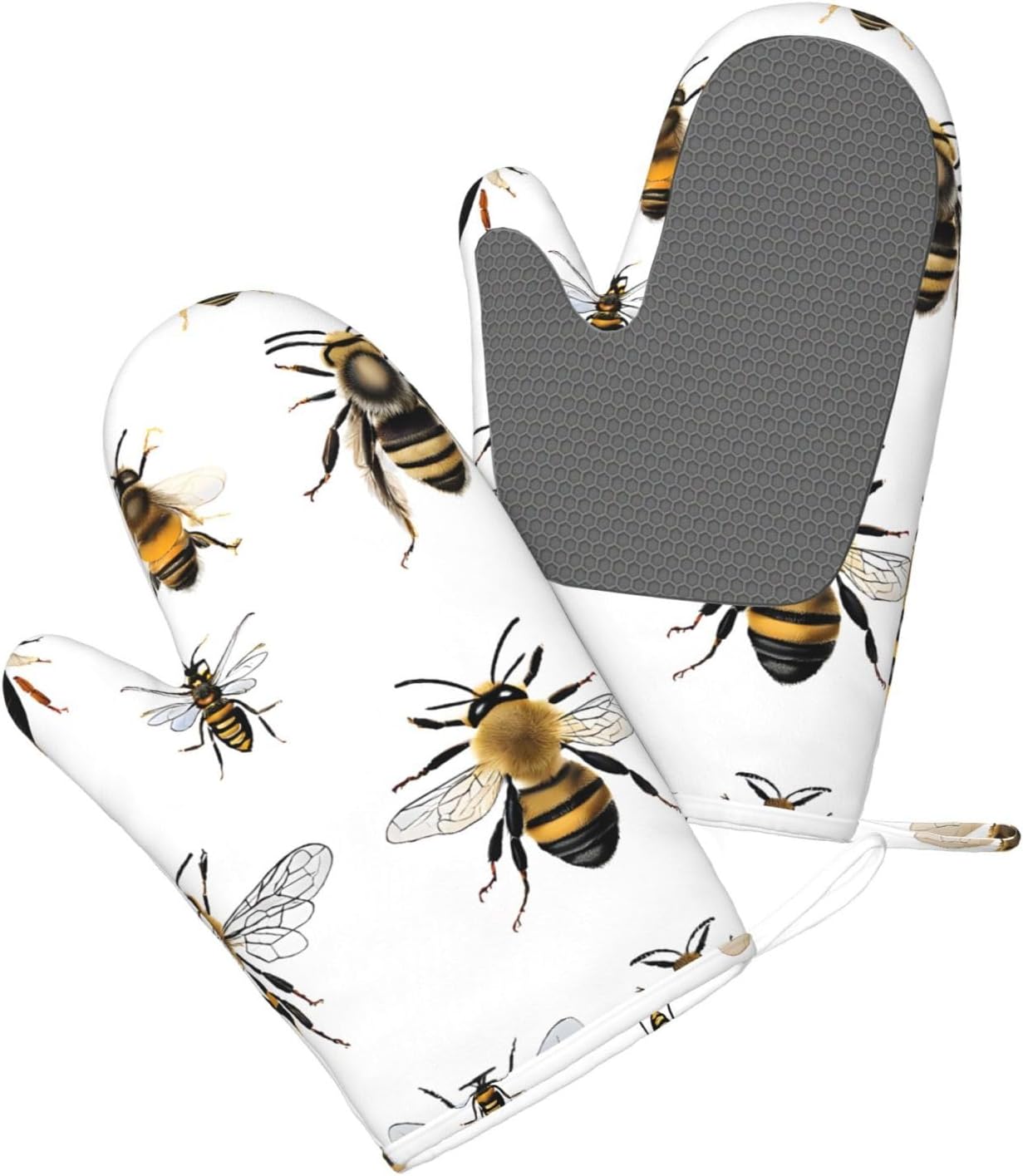 Funny Bees Oven Mitts and Pot Holders Set of 4 Heat Resistant Kitchen Gloves with Silicone Palm Hot Pads for Baking Cooking Grilling BBQ