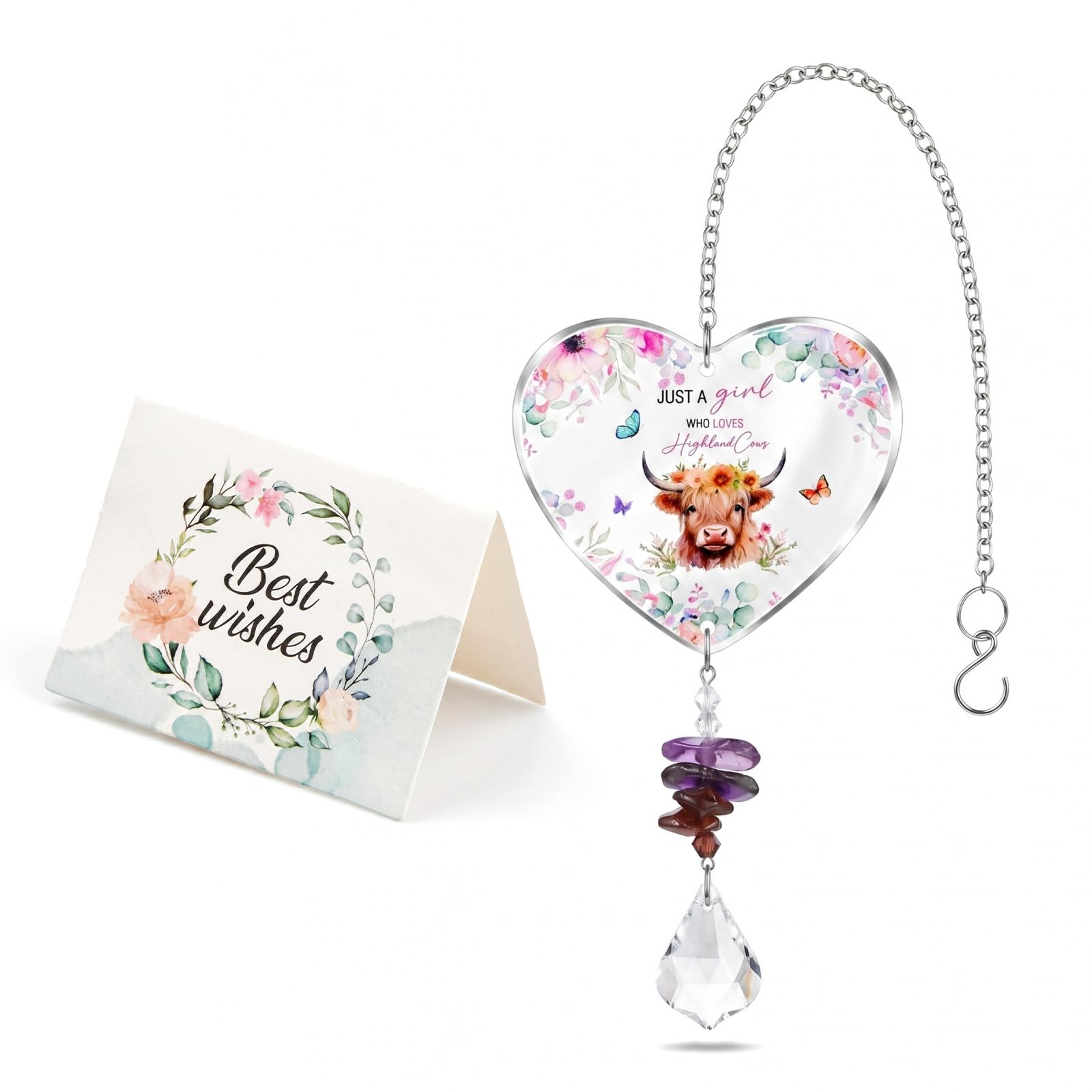 Highland Cow Gifts for Women, Crystal Suncatcher Ornament, "Just A Girl Who Loves Highland Cows" Decor, Acrylic Heart Hanging Crystals Maker for Windows Garden, Birthday Gifts