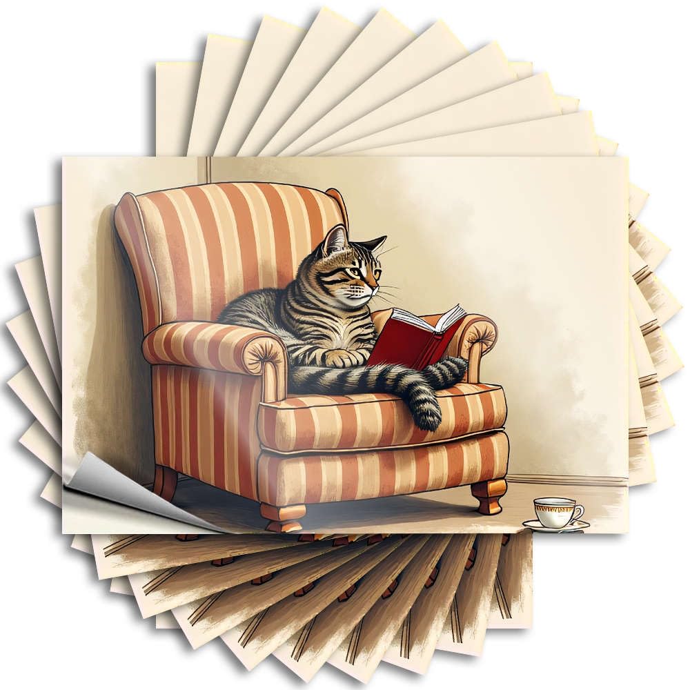 Fzfn Colour Beer Decor Wall Decal - A Cat Reading A Book On A Striped Armchair. Western Bathroom Durable Sticker Easy Apply For Gamers Decor(12X18cm)