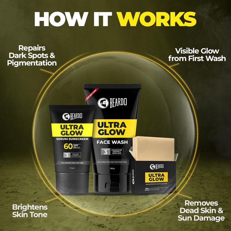 Image of Beardo Ultra Glow-up Kit for Men | Facewash, Serum Sunscreen & Bathing Bar | Brightening Skincare Combo for Daily Use | Oil Control & Sun Protection | Set of 3