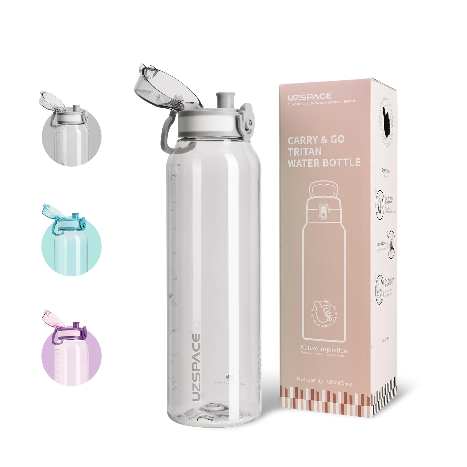 UZSPACE Water Bottle 1l with Handle - BPA Free Drinking Bottles for Adults - Clear Water Bottle with Capacity Scale - Leakproof Gym Bottles - Ideal for Sports or Fitness & Outdoors Flint Grey โ image 1