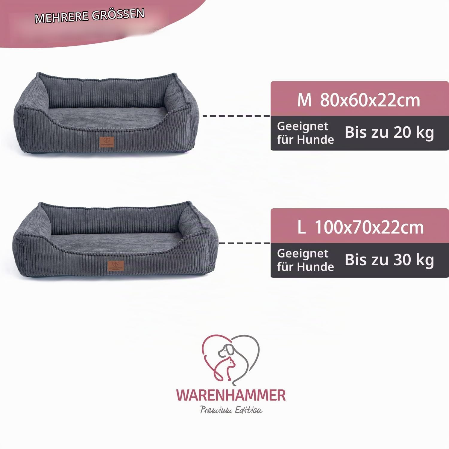 Orthopädisches Premium Hundebett aus Cord für kleine und mittelgroße Hunde, extra Halteschlaufe, Wasserdichter Innenbezug, Hundesofa, Hundekissen, Bezug abnehmbar, waschbar, 80 x 60 x 17 cm, Grau (M)