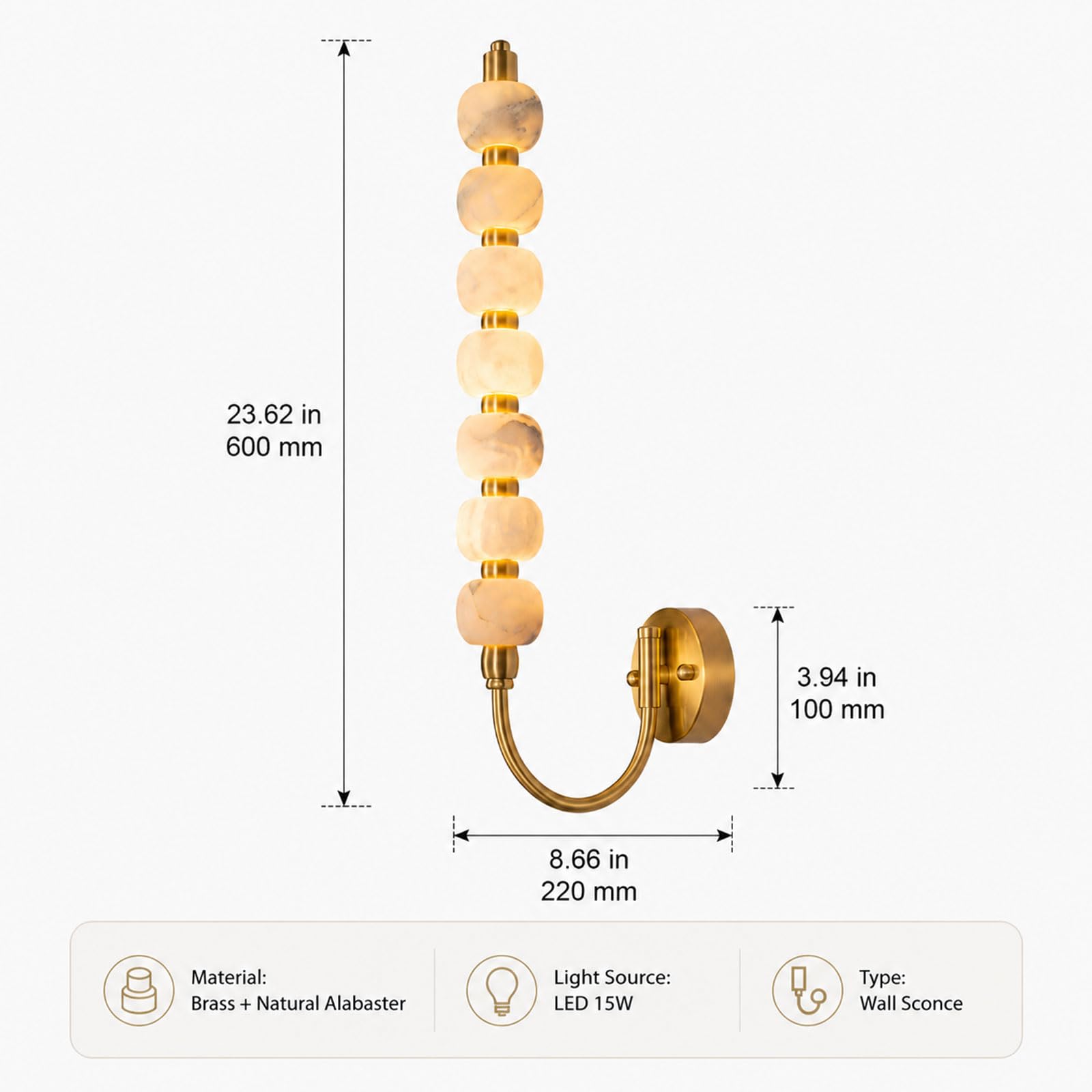 Applique da parete in alabastro naturale a 2 forme elegante lampada | Lampada da parete a sospensione verticale impilata e a U, in alabastro naturale rifinito a mano, ideale per soggiorno