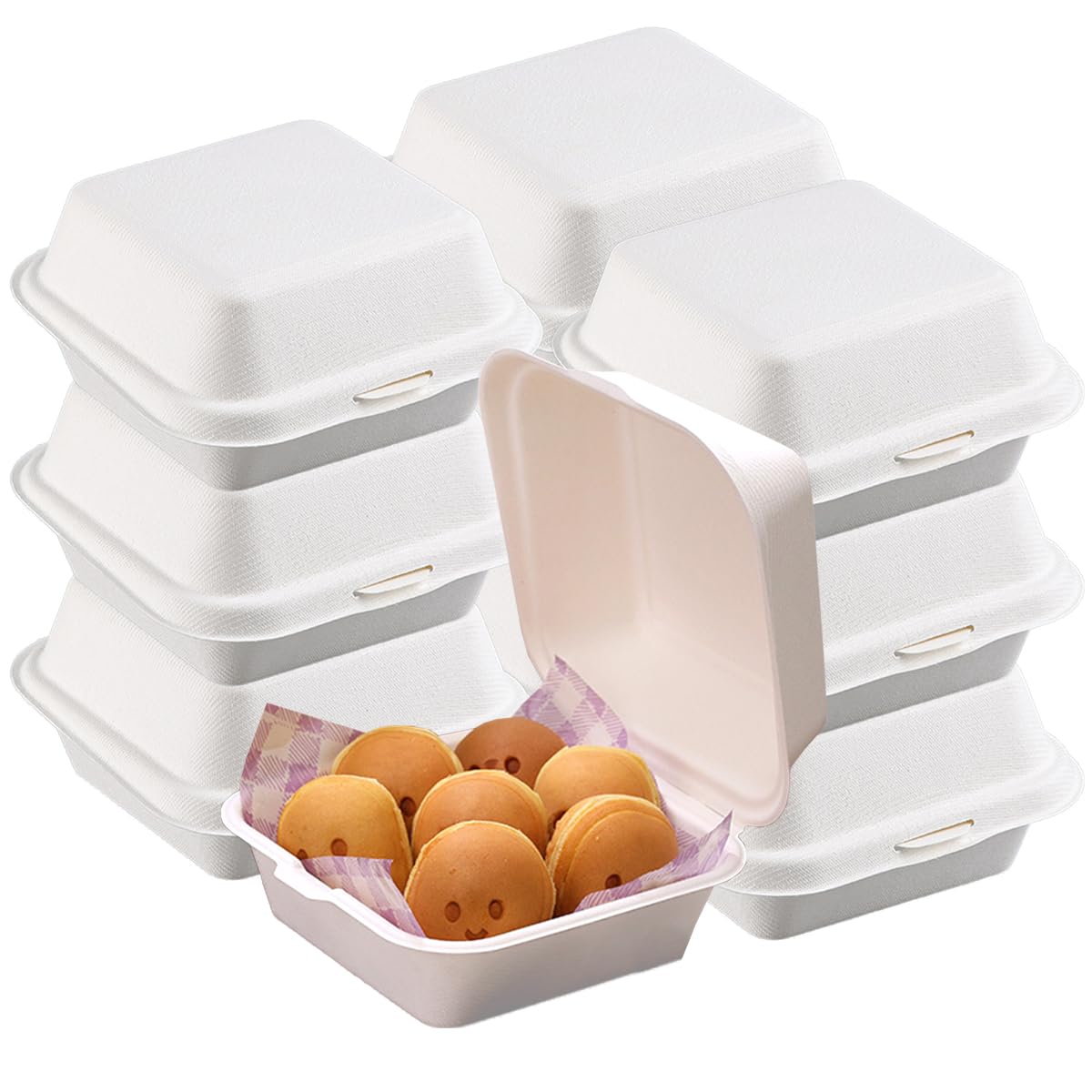 Petunny 50Pcs Disposable Clamshell Take Out Food Containers 6 Inches Sugarcane Fiber Food Containers Bagasse Food Container for Hamburger Cake Fruits