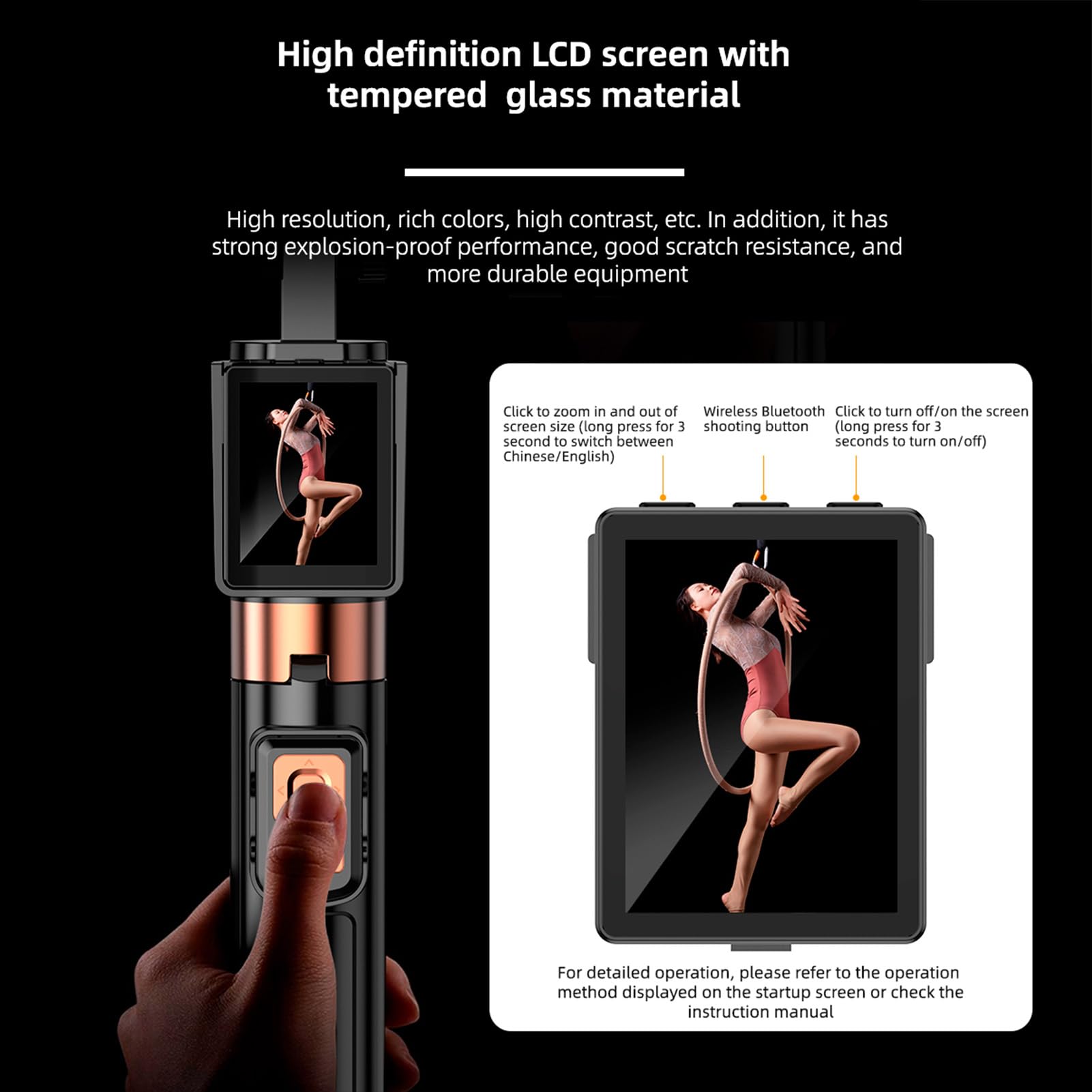 Kavolet Selfie Stick Treppiede con schermo di proiezione e scatto remoto per Vlog Live Streaming, morsetto universale per e telefono cellulare, treppiede estensibile in lega di alluminio da utilizzare