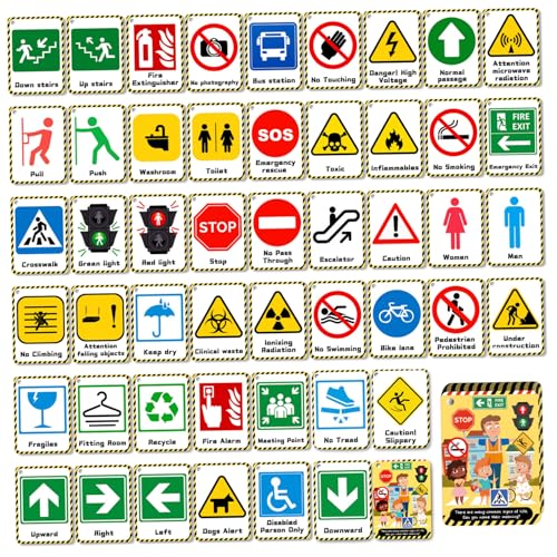 Señales de tráfico para niños 50 tarjetas de tráfico a doble cara con explicación de la explicación de la educación para niños Tarjetas de flash de papel educativo para el hogar, preescolar, juguetes
