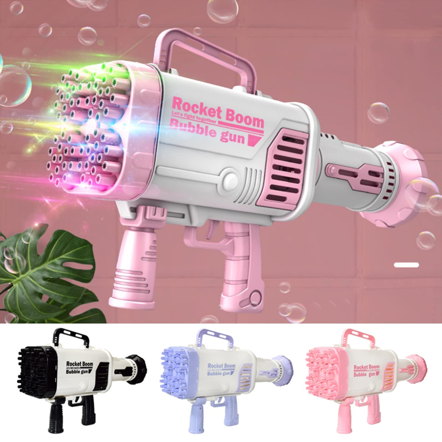 Beauenty 64-Hole Gatling Bubble Machine for Kid, Cool Electric Automatic Bubble Machine Rocket Launcher Outdoor Children's Toys , Bubble Blower Gatling Gun Outdoor Toys for Kids (Pink)