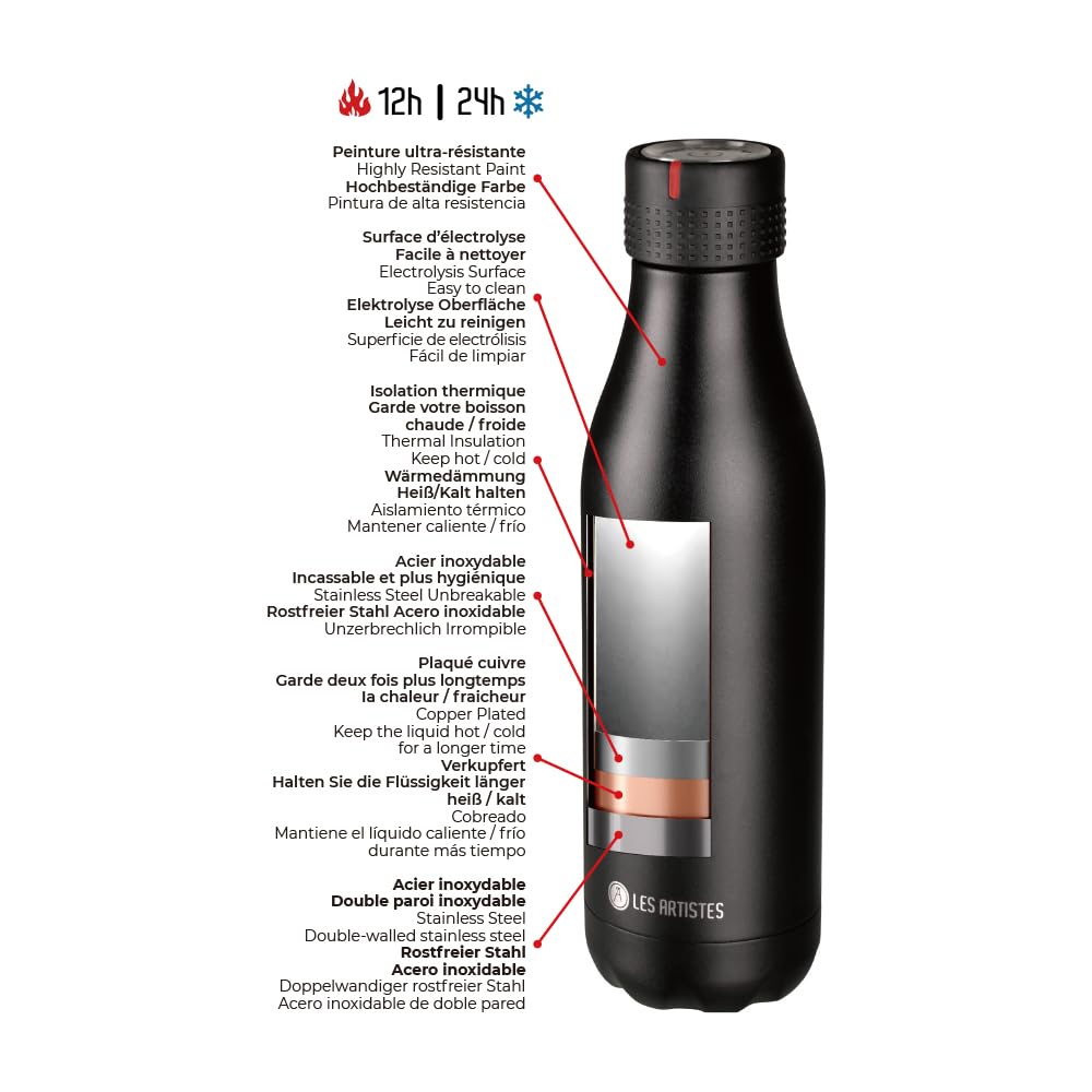 LES ARTISTES Paris A-2230 Bottle'Up, 750 ml, Bouteille isotherme, Gourde isotherme sans BPA, Réutilisable, Garde au chaud 12h et au froid 24h, Acier Inoxydable, Design Stainless Steel