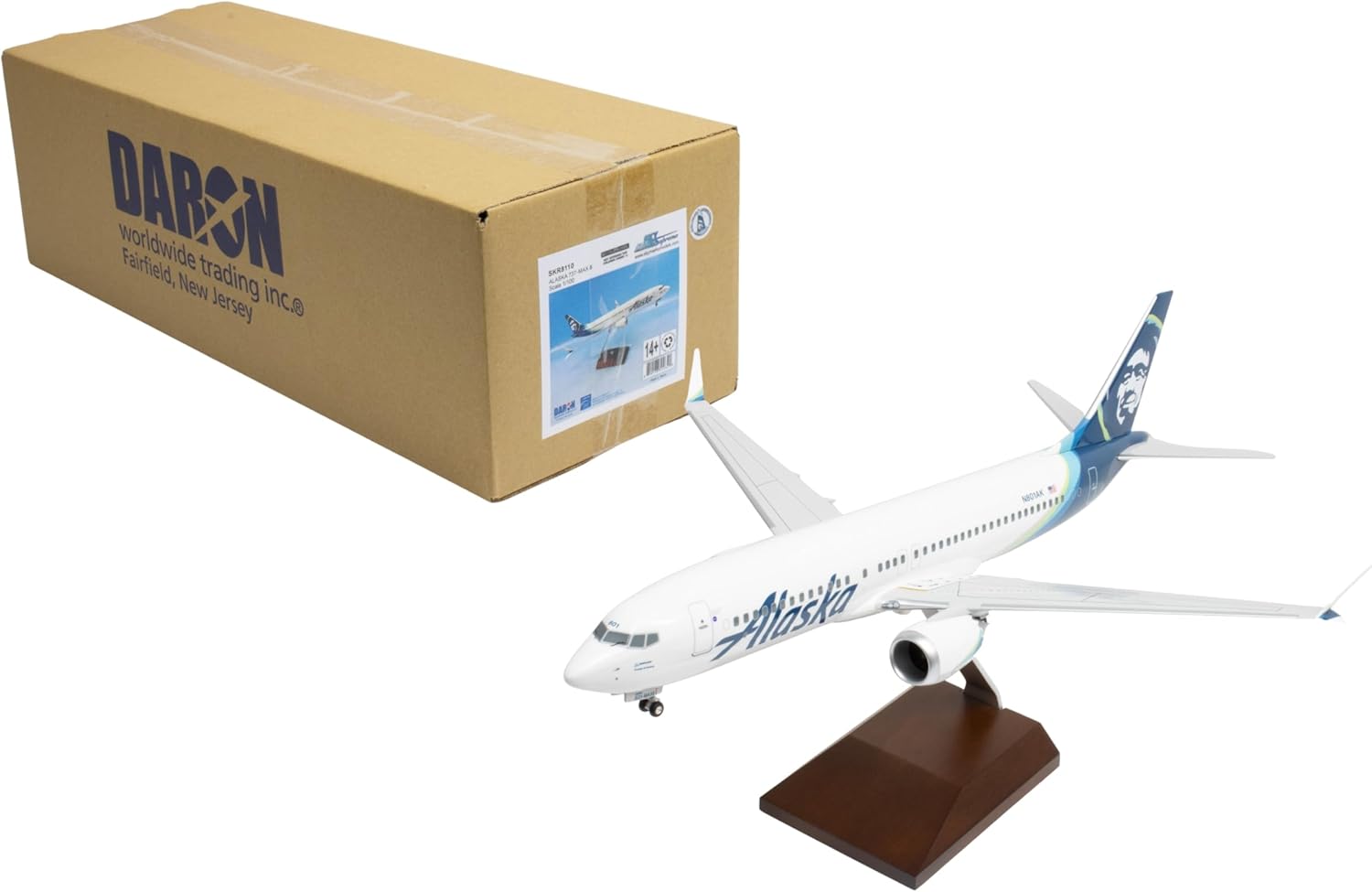 Sky Marks Alaska Airlines 737 MAX 8 1/100 Collectible Injection-Molded Plastic Airplane Model with Plastic Display Stand for Ages 14+