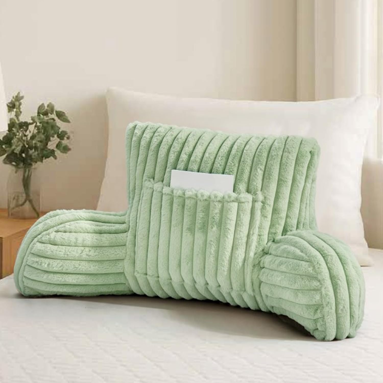 Brillars Reading Pillow For Adults with Arms - Faux Fur Ribbed Fleece Cuddle Cushion Pocket 38cm Cozy Lumbar Neck Support For Backrest | Sitting Up In Bed Sofas Chair (Sage Green)