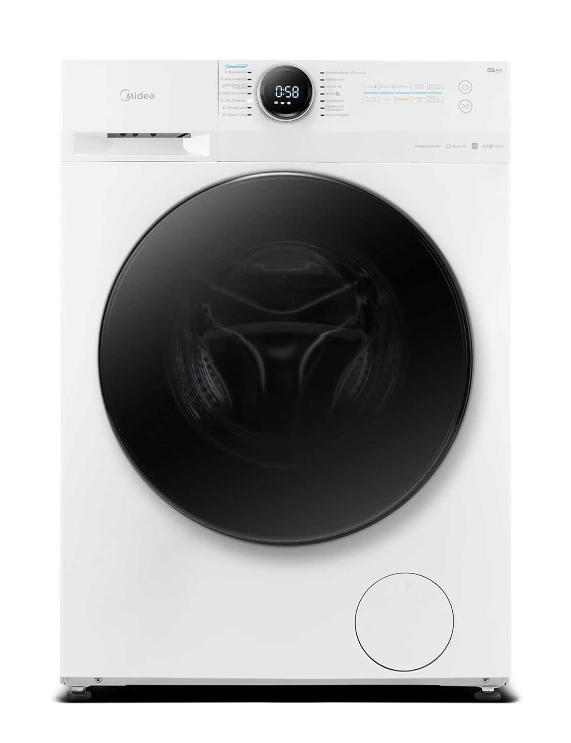 Midea MF200D86WB-14DAS Waschtrokner, 8&6kg Waschen&Trocknen, Inverter Mortor, Auffrischen, 60 Min. Waschen & Trocknen, Steam Care, Turbo, 48 cm tief, APP-Steuerung, AquaStop