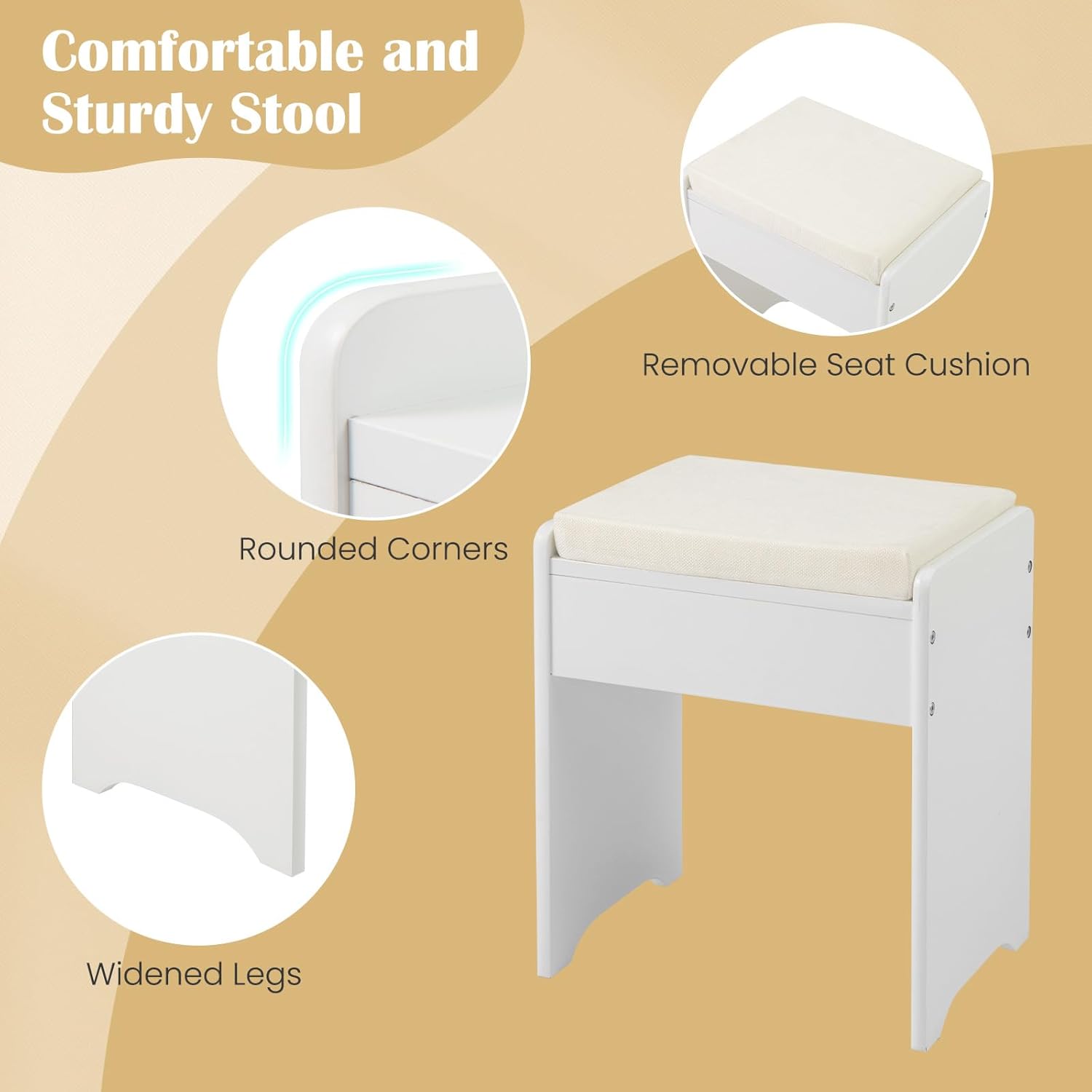 LOKO Vanity Desk with Flip-up Mirror & Stool, Makeup Vanity Set with 3-Color Lighting, 6 Compartments, 2 Storage Shelves & 3 Upper Hooks, Space-Saving Vanity Table Set for Bedroom, Studio