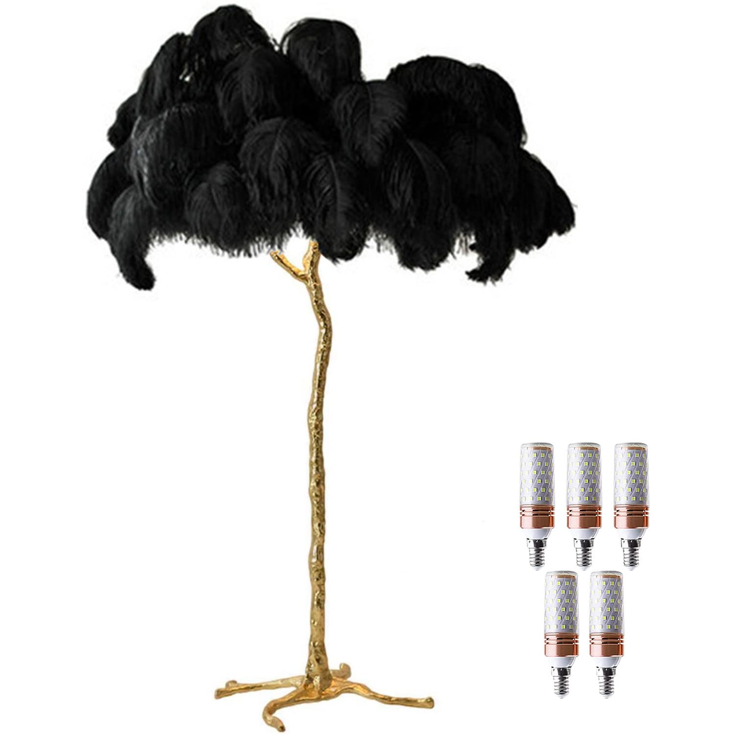 BAHOJAS LED Dimmable Floor Lamp With Natural Ostrich Feathers - Modern Luxury Resin Standing Lamp For Living Room, Home & Office Decoration