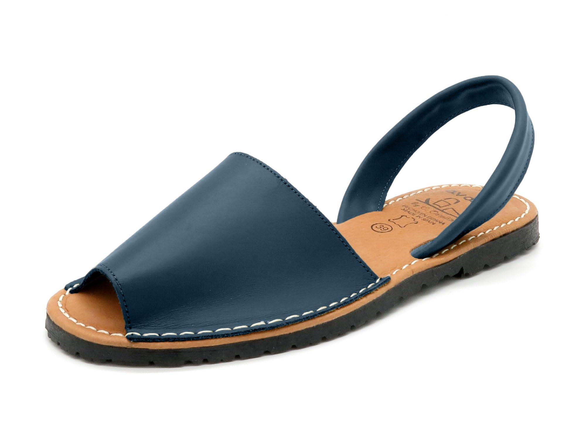 Avarca Damen Avarcas Sandalen aus Echtleder handgefertigt in Spanien gepolsterte Leder Decksohle & Fersenriemchen navy dunkel-blau 38
