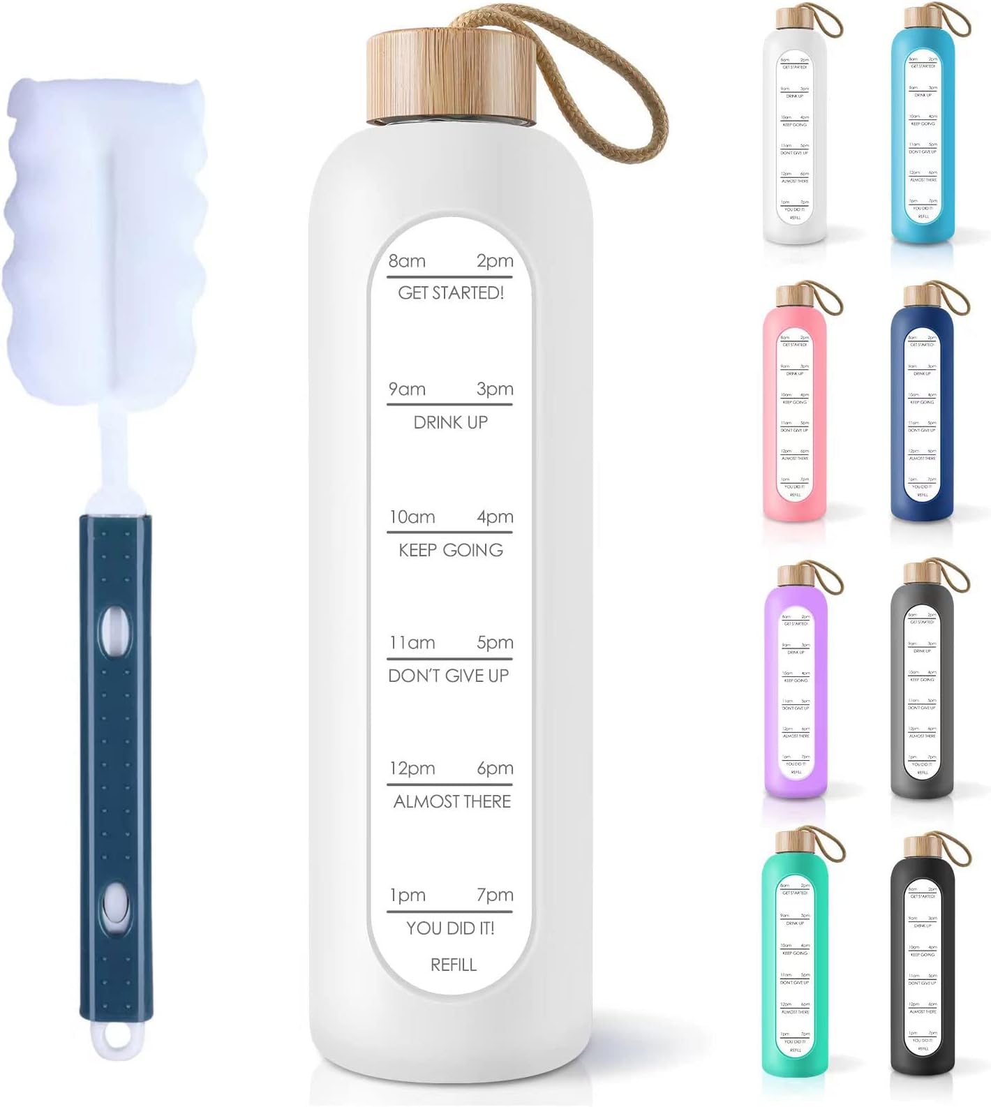 32 Oz Borosilicate Glass Water Bottle with Time Marker Reminder Quotes, 1 Liter Leak Proof Reusable BPA Free Motivational Water Bottles with Silicone Sleeve and Bamboo Lid (White)