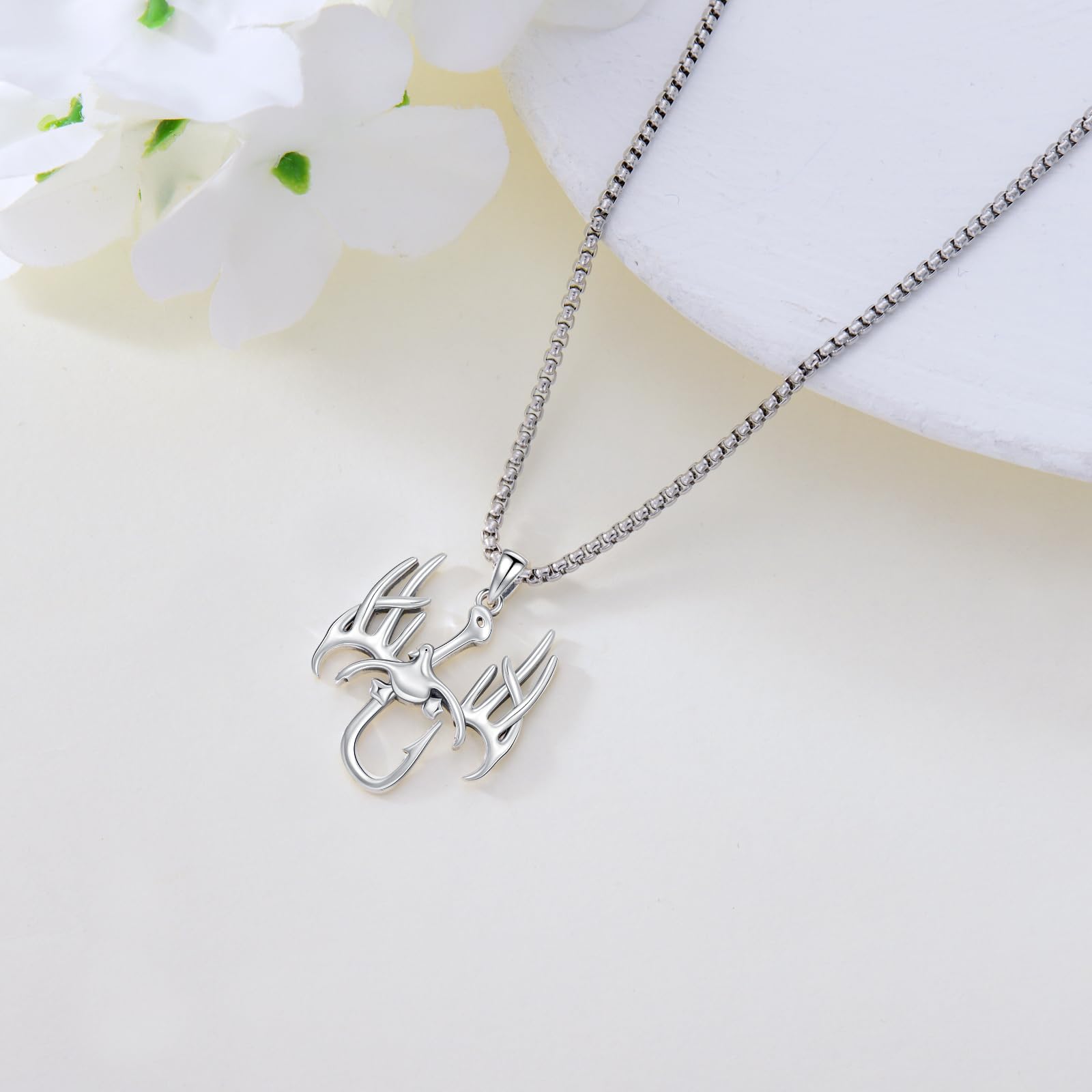 PROESS Collana da uomo con ciondolo a forma di anatra in argento sterling 925 con ciondolo a forma di corno con gancio da pesca gioielli da caccia regali per padre