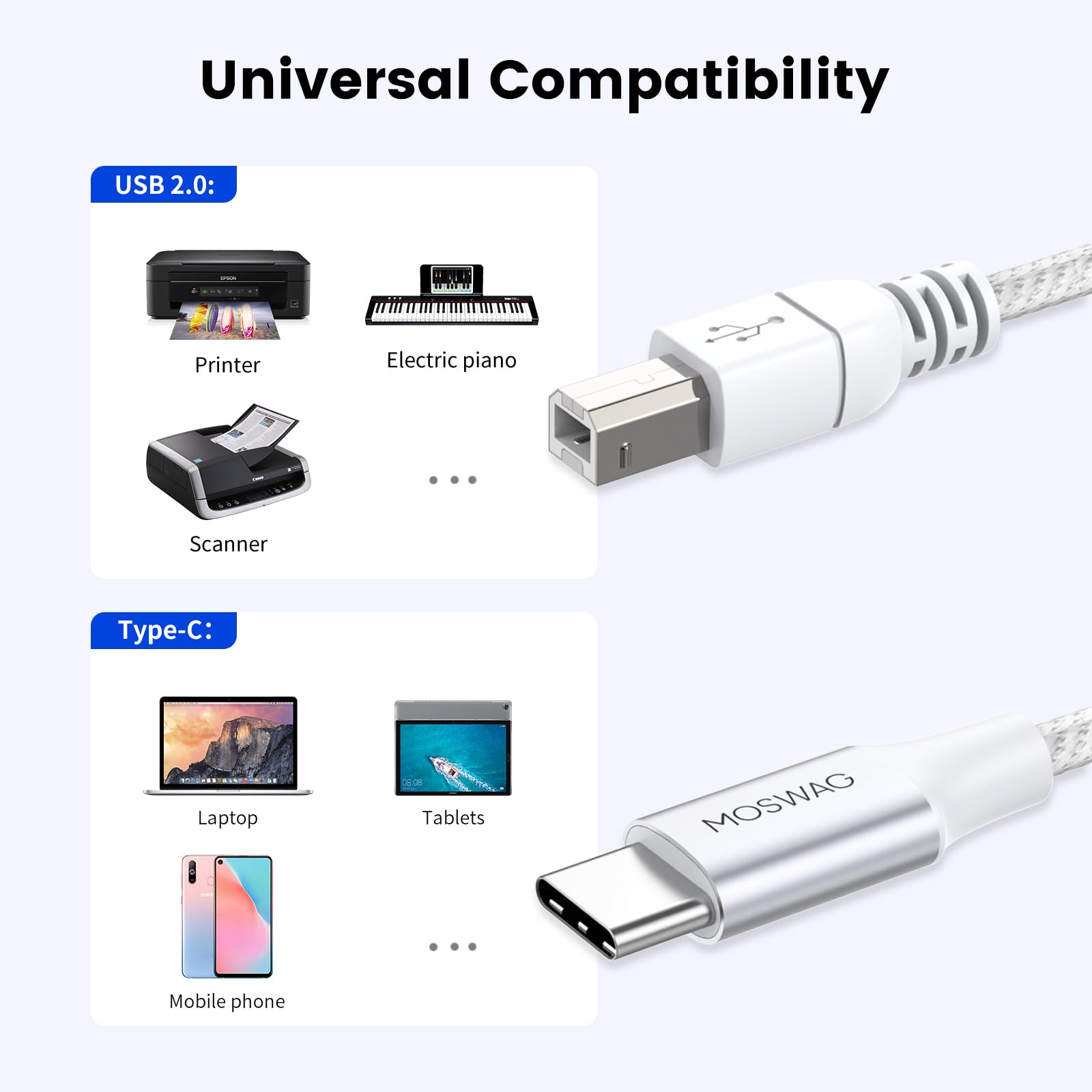 MOSWAG USB C to USB B MIDI Cable Type C to USB MIDI Cable Nylon Braided 2.0 Printer Scanner Cord High Speed with Metal Connector (9.84FT/3M - Image 4