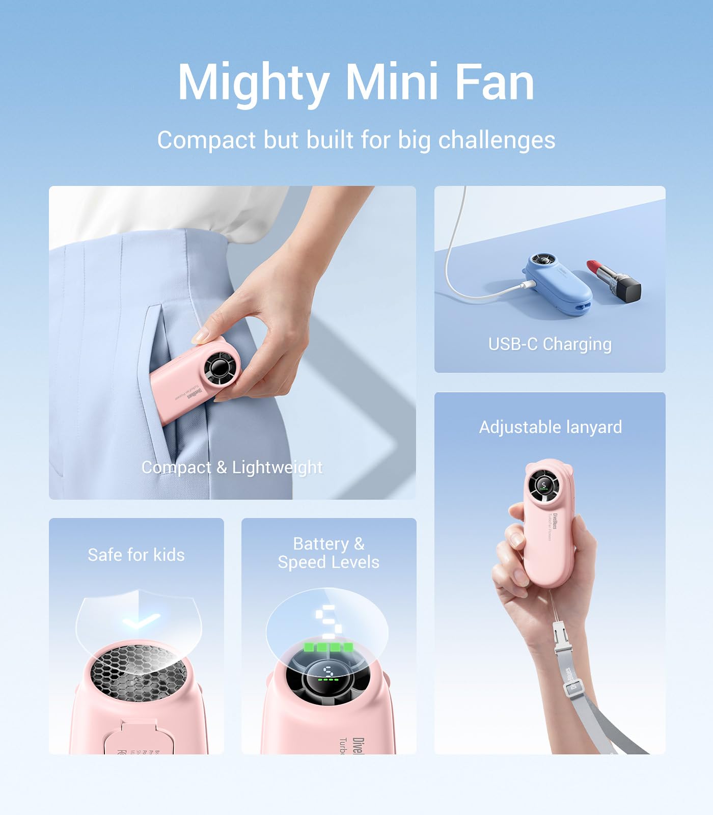 Diveblues TurboBear Mini Turbo Ventilatore, 8,8m/s Raffreddamento Veloce, 86,5g Ultraleggero, 5 Velocità, Batteria 2000mAh Ricaricabile, Compatto per Viaggi, Festival & Outdoor