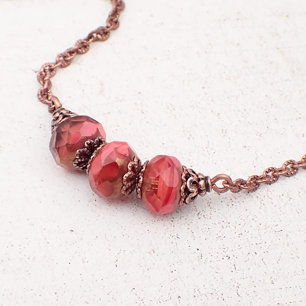 Handmade Czech Glass Rondelle Bar Necklace in Coral, Peach, and Copper