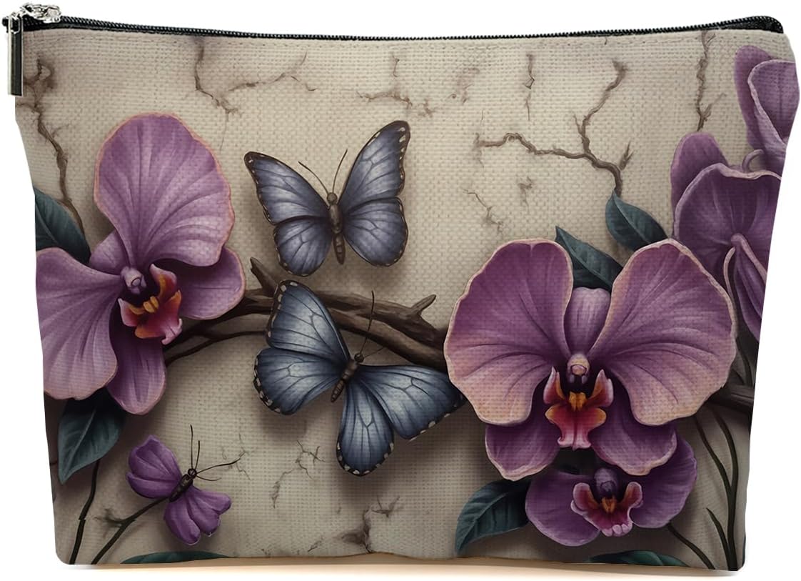 Purple Orchid Makeup Bag, Butterfly Cosmetic Bags Travel Organizer Bag