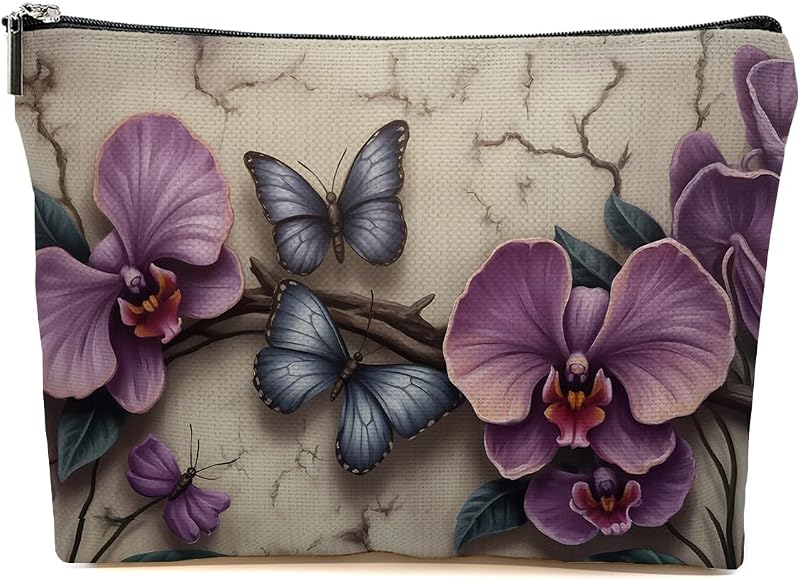 Necessaire de maquiagem JIUWEIHU Purple Orchid com zíper, estampa de borboleta, Pacote com 1