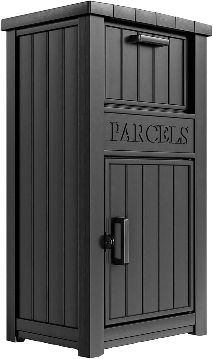 Package Delivery Box for Outside, Large Parcel Drop Box with Lockable Secure, Waterproof and Anti-Theft Storage for Porch, Curbside, House (Black)