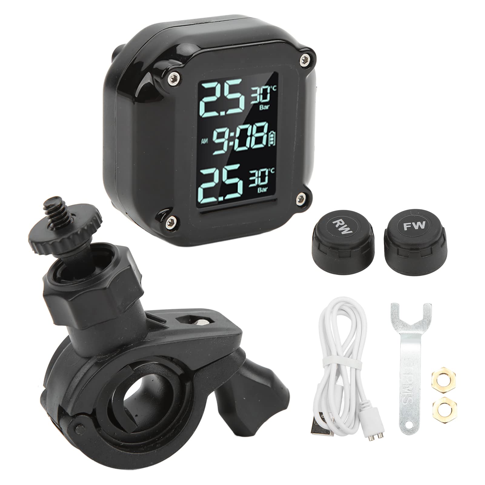 Sistema di monitoraggio della pressione dei pneumatici TPMS per moto Sistema di monitoraggio della pressione dei pneumatici per moto con 2 sensori Schermo LCD di ricarica USB IP67 TPMS impermeabile