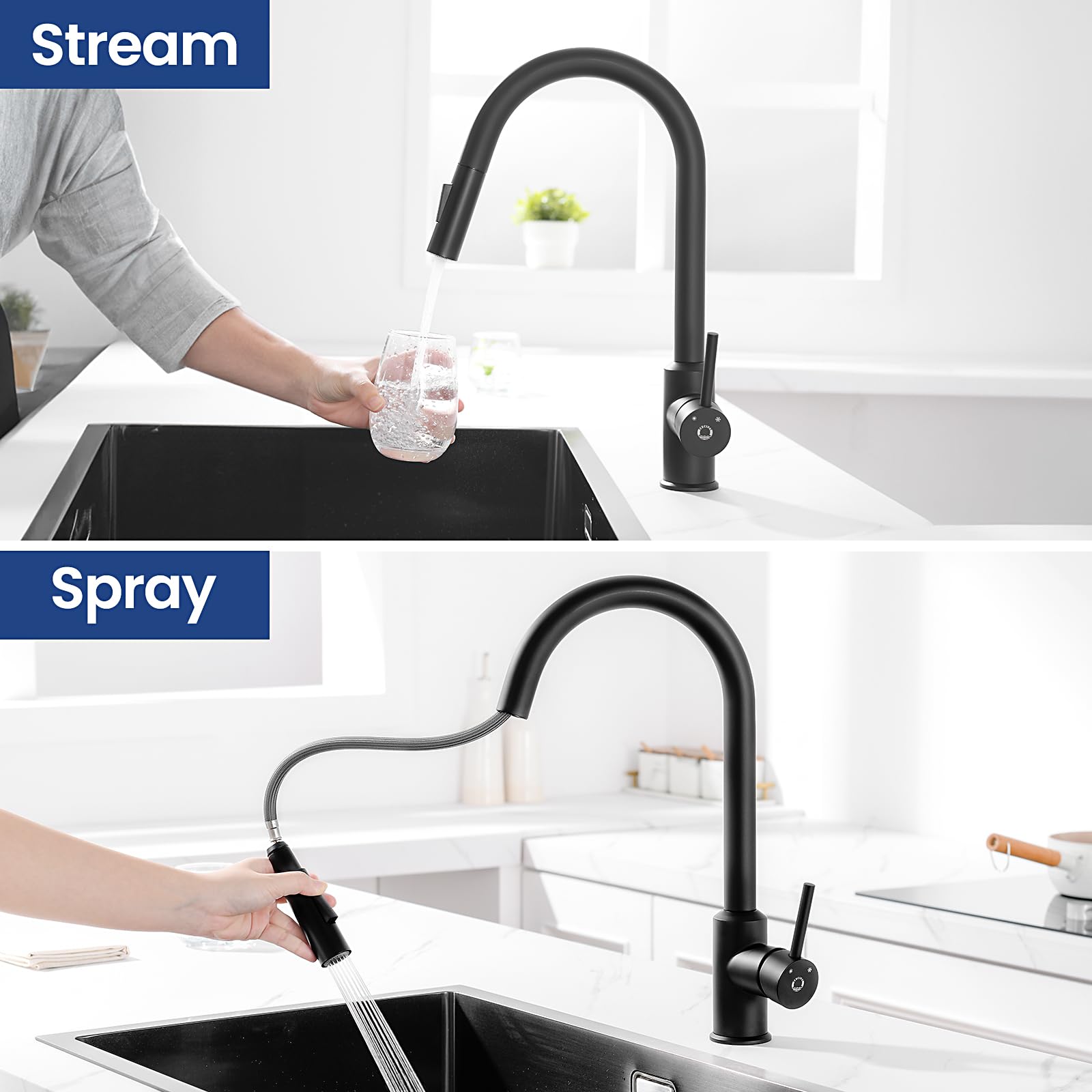CECIPA Niederdruck Armatur Küche Schwarz, Wasserhahn Küche 3 Anschlüsse mit Hohem Bogen, 360°Schwenkbar küchenarmatur niederdruck ausziehbar,G3/8 Anschluss,niederdruckarmatur Schwarz | 3 Anschlüsse, ausziehbare Brause, hoher Bogen, 360 Grad schwenkbar, G3