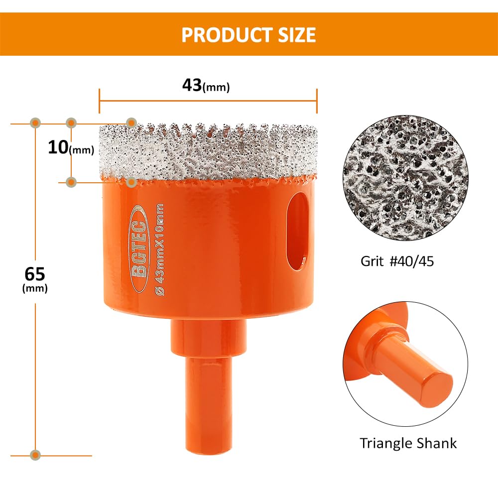 BGTEC Diamond Hole Saw Drill Bit with Triangle Shank,43mm Vacuum Brazed Diamond Core Drill Bits Set for Ceramic Tile Porcelain Tile Marble Granite - Image 2