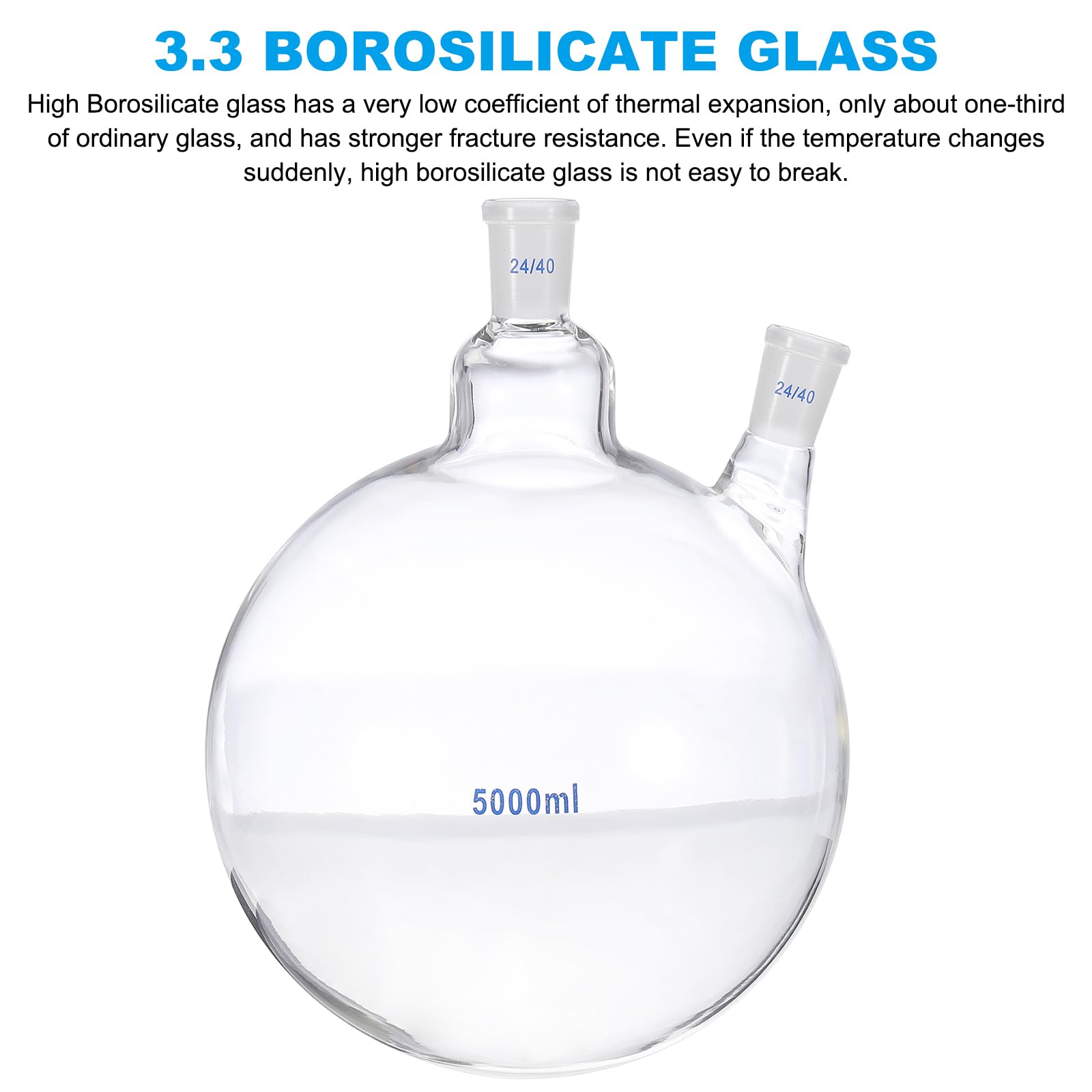 PATIKIL Fiaschetta bollente da 5000 ml, in vetro borosilicato 3.3, con 2 colli e fondo rotondo, con giunto esterno conico standard 24/40, per laboratorio, trasparente